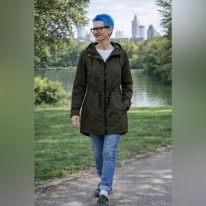 Piazza Italia Army Green Hooded Utility Jacket Lightweight Zip Cinch Waist S